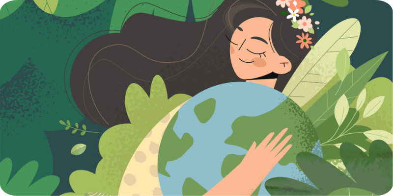 Sustainable gifts guide cover, featuring woman hugging planet Earth, surrounded by greenery.