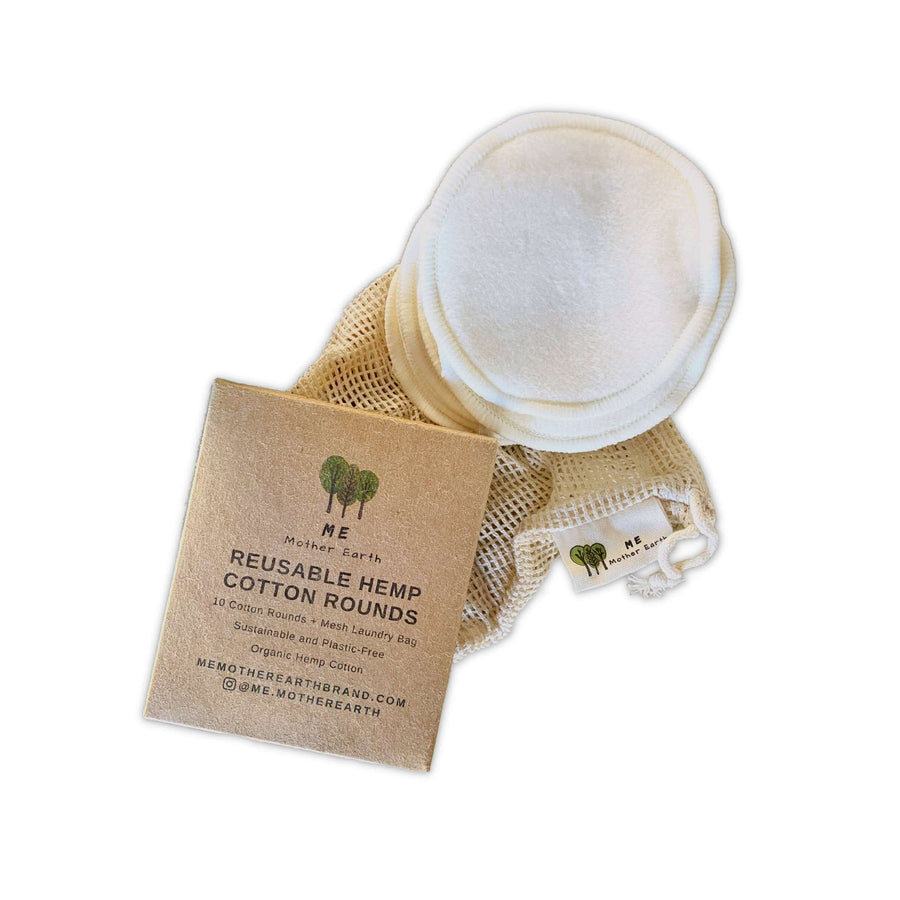Set of 10 hemp cotton facial rounds with mesh cotton laundry back and paper packaging.