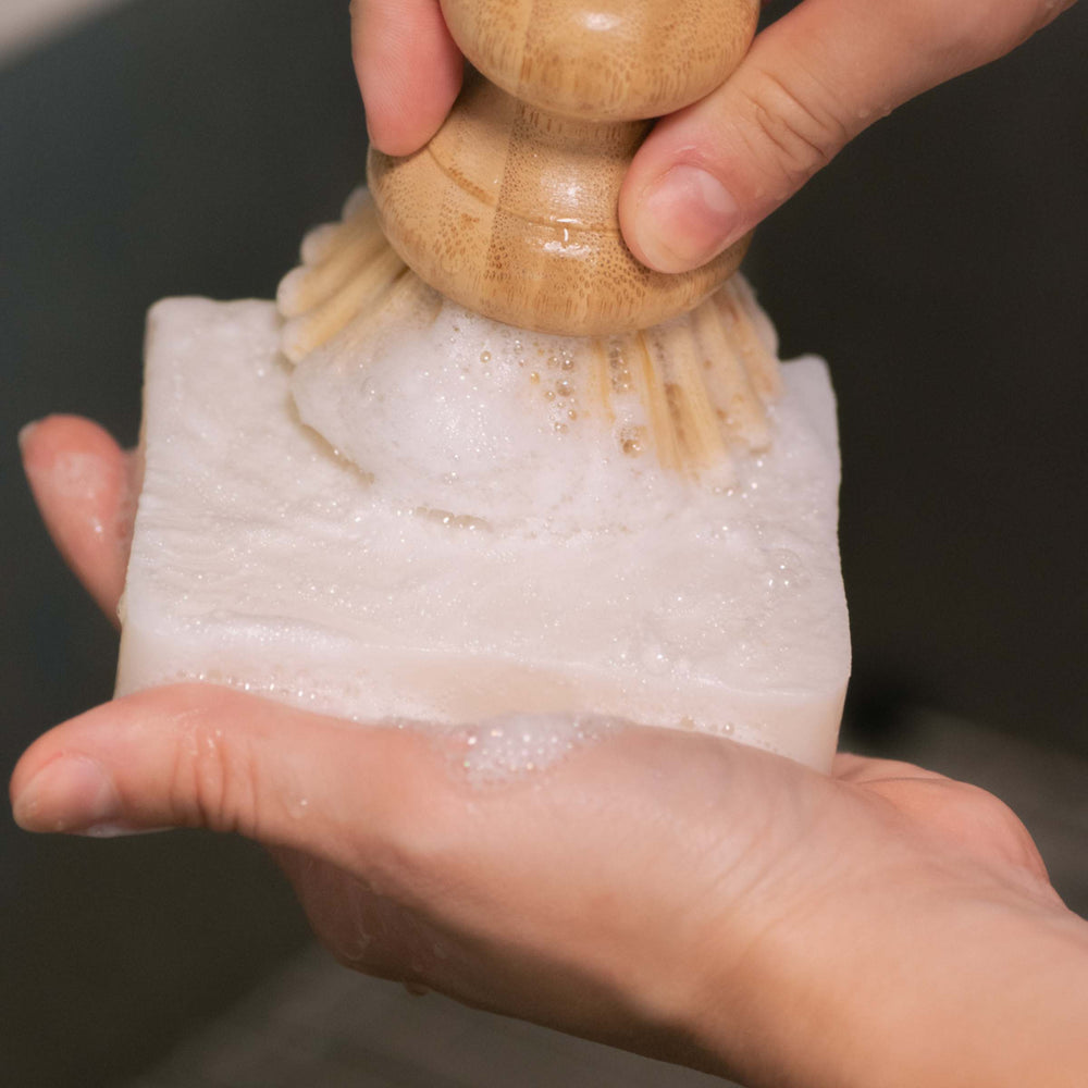 Solid dish detergent block in hand with plastic-free brush making suds.