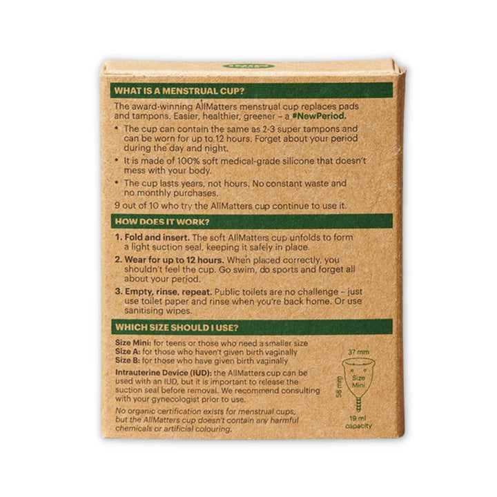 Back of AllMatters silicone menstrual cup plastic free packaging.