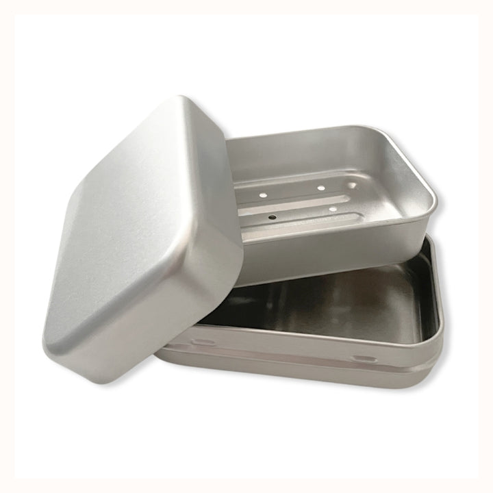 Aluminum Travel Soap Case, shown open with base, tray, and lid.