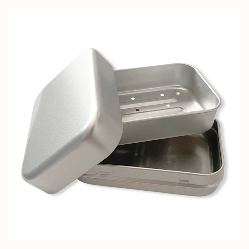 Aluminum Travel Soap Case, shown open with base, tray, and lid.