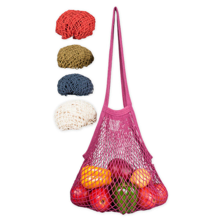 Earthtone Ecobags String Bags Shown in Cranberry Color with Fruit Inside. Chili, Celery, Storm Blue, and Natural Colors Folded on Upper Left.