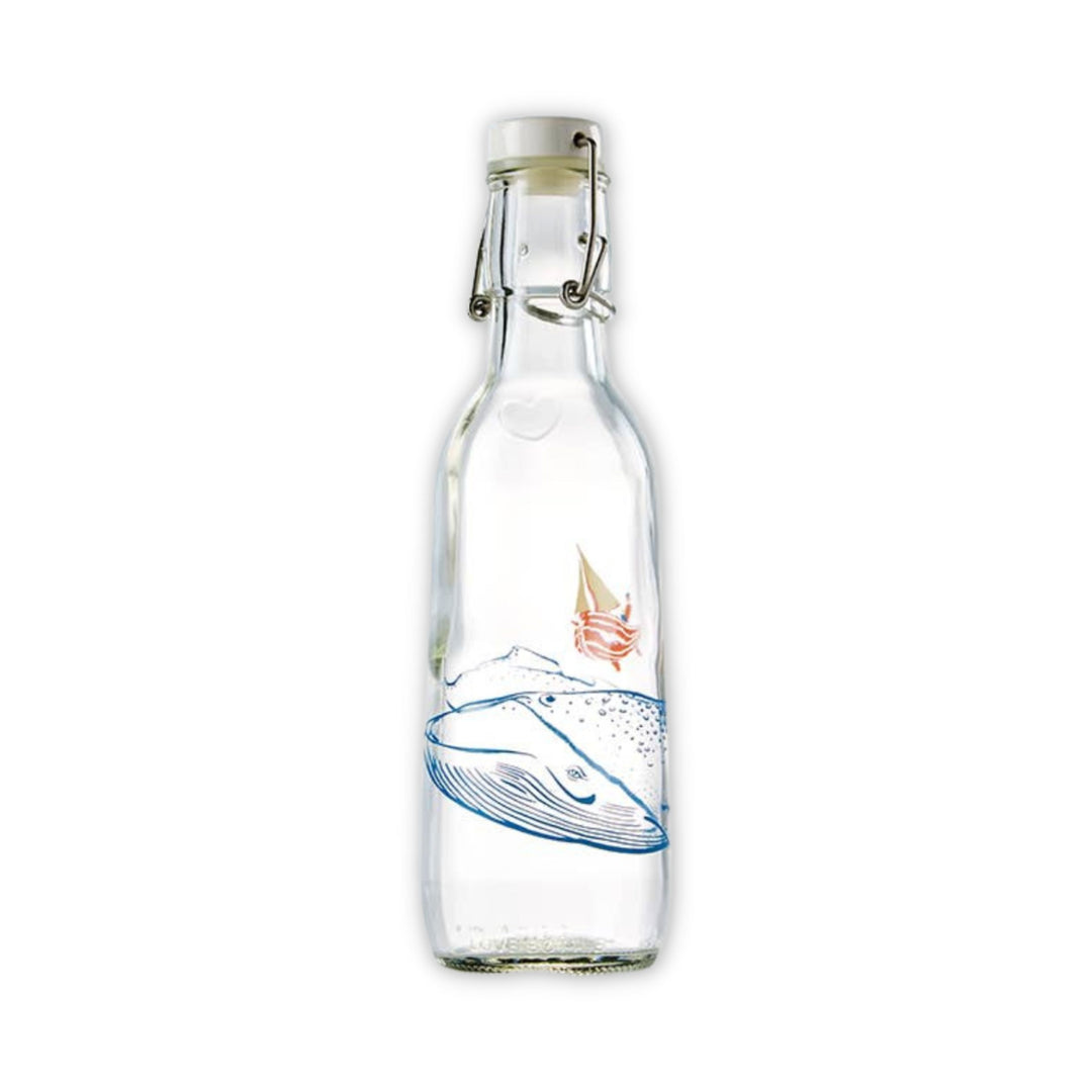 Glass water bottle in Whale design featuring humpback whale and person in sailboat.