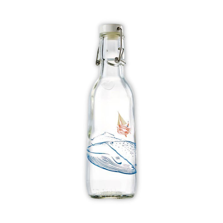 Glass water bottle in Whale design featuring humpback whale and person in sailboat.