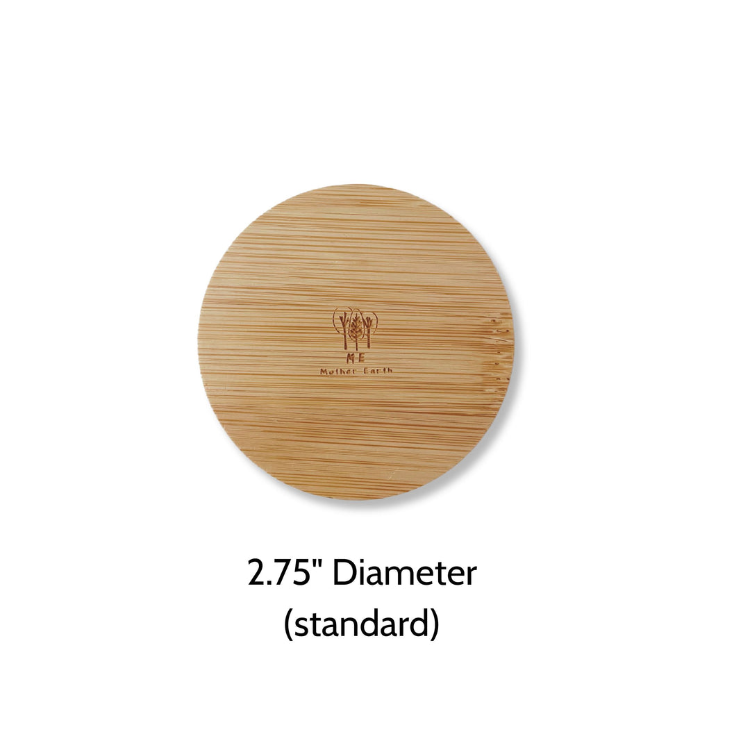 Bamboo Mason jar lids shown with 2.75 inch (standard) diameter text.