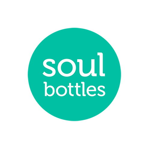 Soulbottles logo with link to reusable stainless steel and glass water bottles.