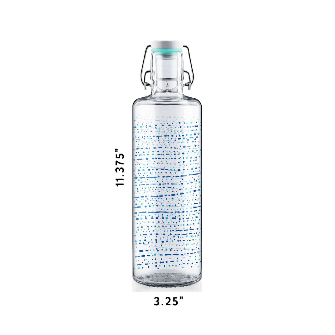 Soulbottles One Million Drops 1.0 Liter Water Bottle With Blue And Green Drops Of Color In Design. Showing dimensions 3.25" width by 11.375" height.