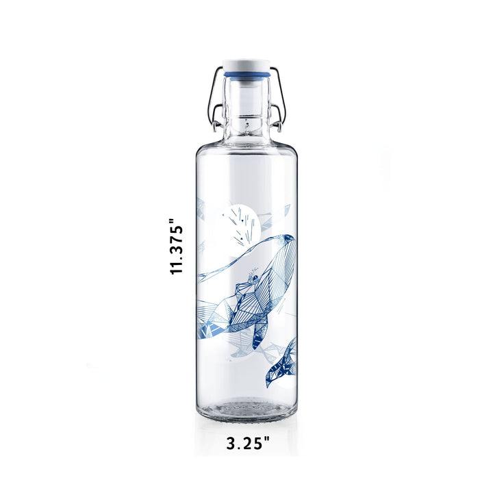 Soulbottles Souldiver Glass Water Bottle. 1.0 Liter Capacity, Plastic Free Bottle With Blue and White Whale Design. Showing dimensions 3.25" width by 11.375" height.