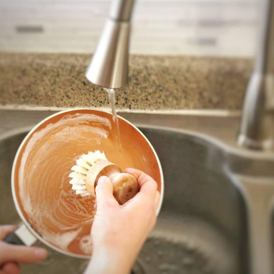 ME Mother Earth Sisal Plastic Free Kitchen Dish Washing Brush. Shown At Sink, Cleaning Small Pan.