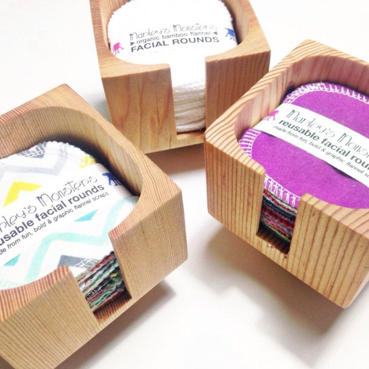Three Marleys Monsters Wooden Facial Rounds Dispenser Filled With Rounds.