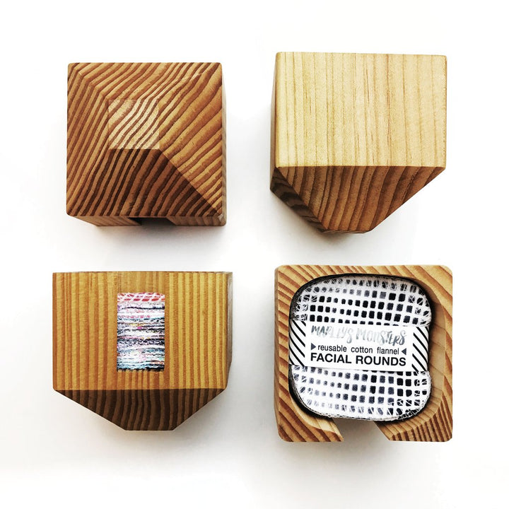 Four Marleys Monsters Wooden Facial Rounds Dispenser Shown From All Angles.
