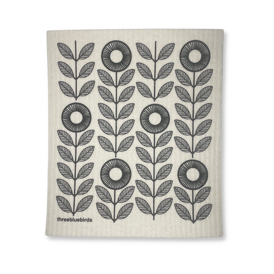 Three Bluebirds Swedish Dishcloth In Black Sunflower Design On White Background.