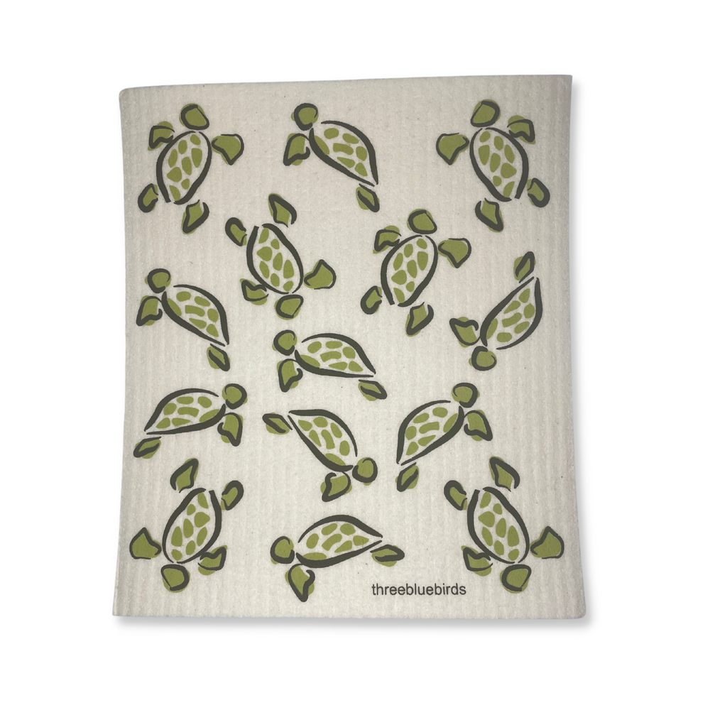 Three Bluebirds Swedish Dishcloth In Sea Turtles Design On White Background.