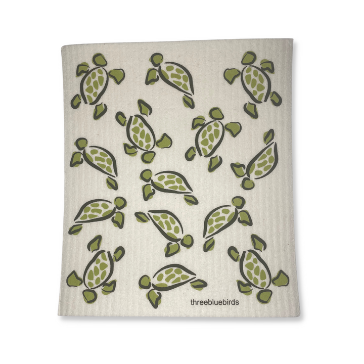 Three Bluebirds Swedish Dishcloth In Sea Turtles Design On White Background.