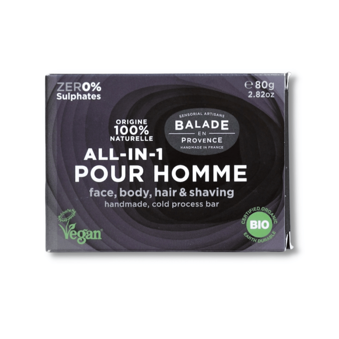 All In One Bar for face, body, hair, and shaving, shown with plastic-free cardboard packaging.
