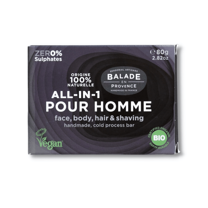 All In One Bar for face, body, hair, and shaving, shown with plastic-free cardboard packaging.