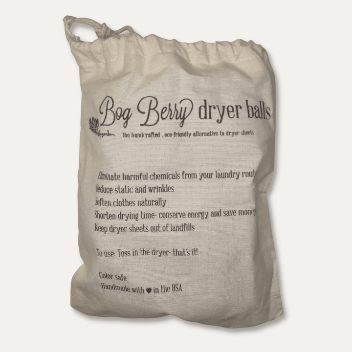 Bog Berry Wool Dryer Balls - Set of Six in Earthy Heathers, Shown in Plastic Free, Reusable Bag for Packaging.
