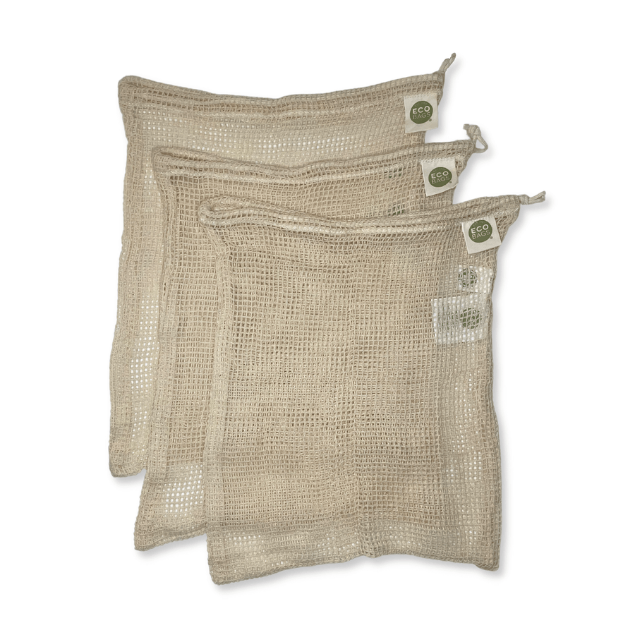 EcoBags plastic-free reusable produce bags - three shown unfolded.
