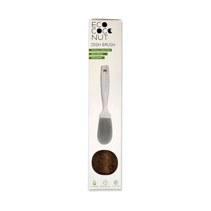Ecococonut Dish Brush in plastic-free packaging.