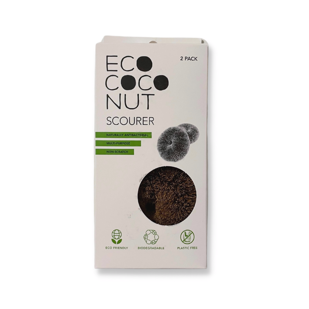 Coconut bristle scouring and scrubbing tools, shown with plastic-free packaging.