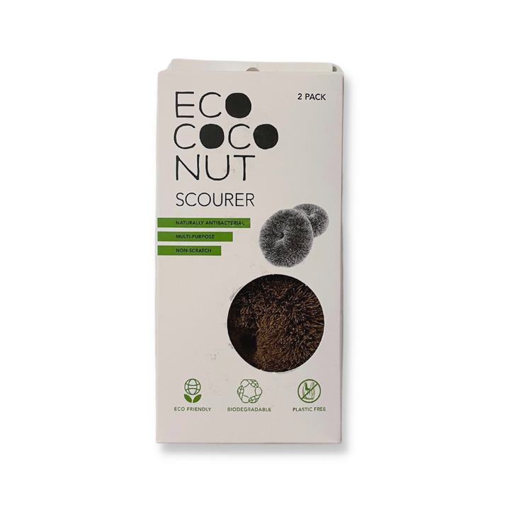 Coconut bristle scouring and scrubbing tools, shown with plastic-free packaging.