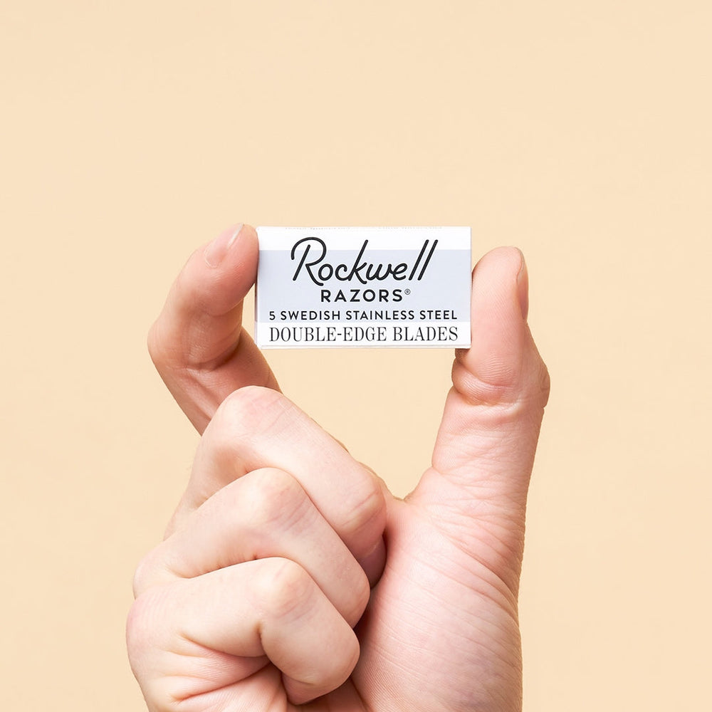Rockwell Razors Double Edge Blades. Shown With Packaging, In Man's Hand.