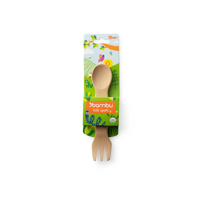 Kid's bamboo spork, shown in paper packaging.