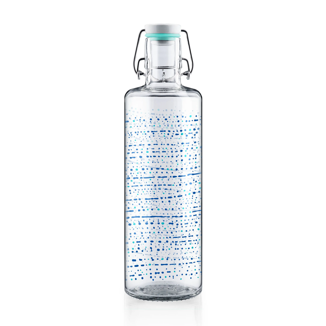 Soulbottles One Million Drops 1.0 Liter Water Bottle With Blue And Green Drops Of Color In Design.