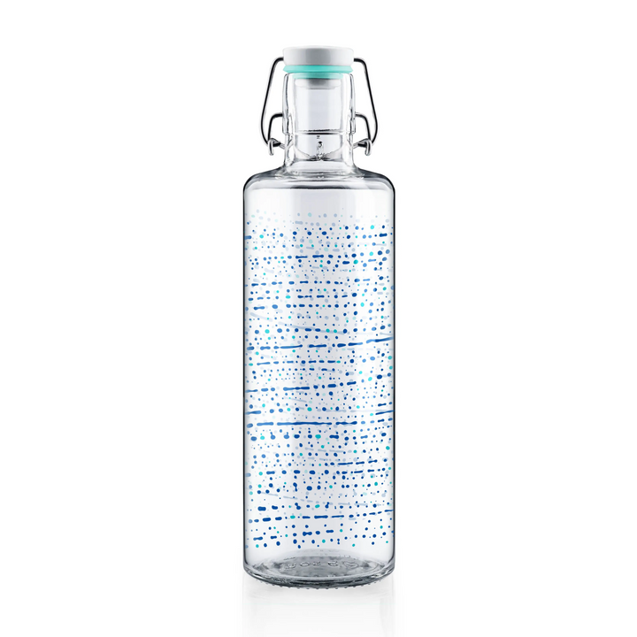 Soulbottles One Million Drops 1.0 Liter Water Bottle With Blue And Green Drops Of Color In Design.