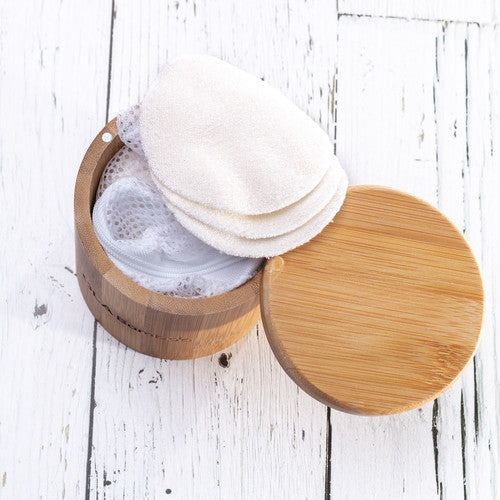 OLA Bamboo Eco Friendly Reusable Makeup Remover Pad Set With Container And Mesh Wash Bag Inside. Container Lid Rotated Open To Access Stored Rounds.