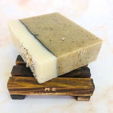 Me.Mother Earth Stained Wood Soap Dish with White and Tan Soap Bar.